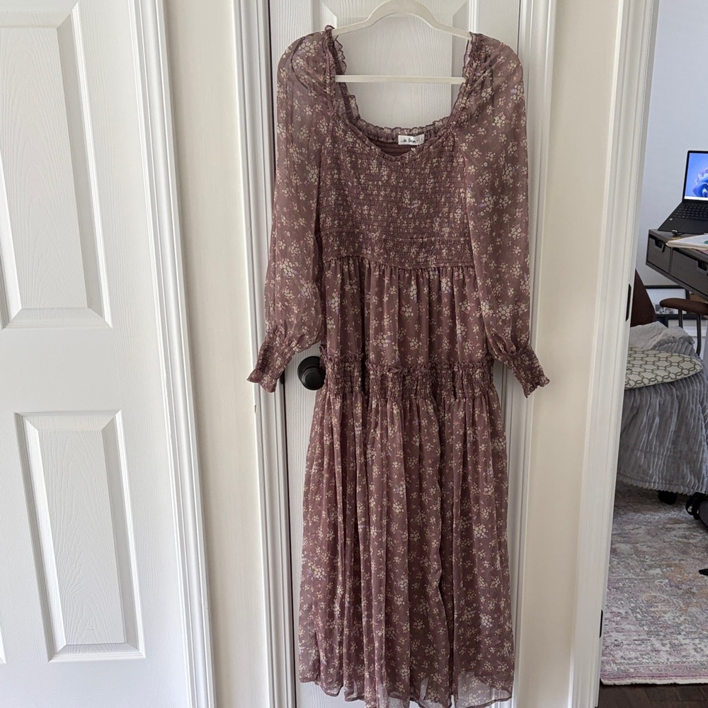 Mauve Floral Long-Sleeve Tiered Maxi Dress
